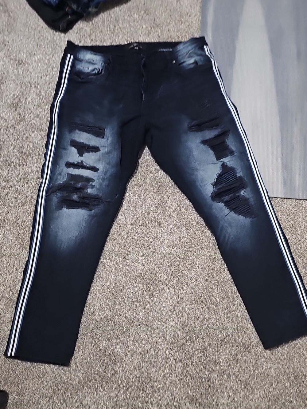 Men's Distressed Black Jeans with Side Stripe